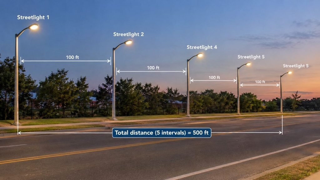 Five Streetlights Spaced 100 Feet Apart